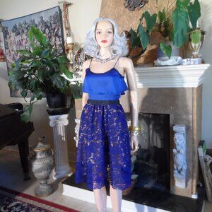 New Self-Portrait Navy Blue Satin & Guipure Lace Fit & Flare Dress Size US 4